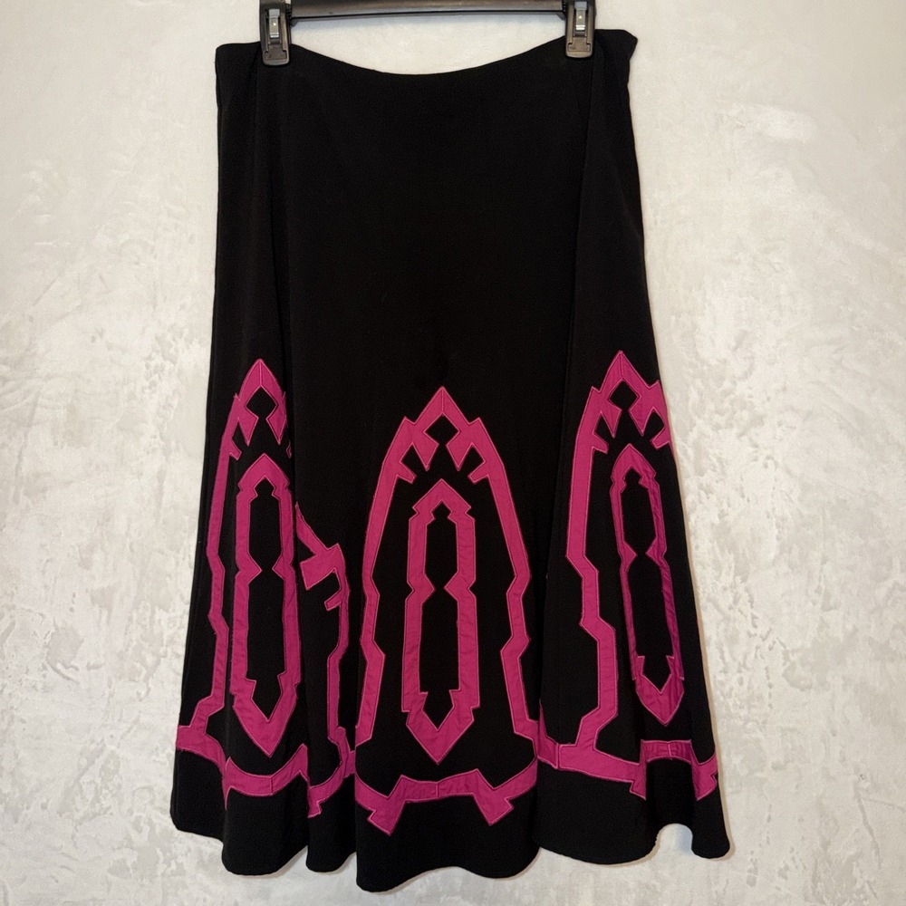 Sunny Leigh Skirt Womens Sz 10 Black Hot Pink Midi Flare Side Zip City Business